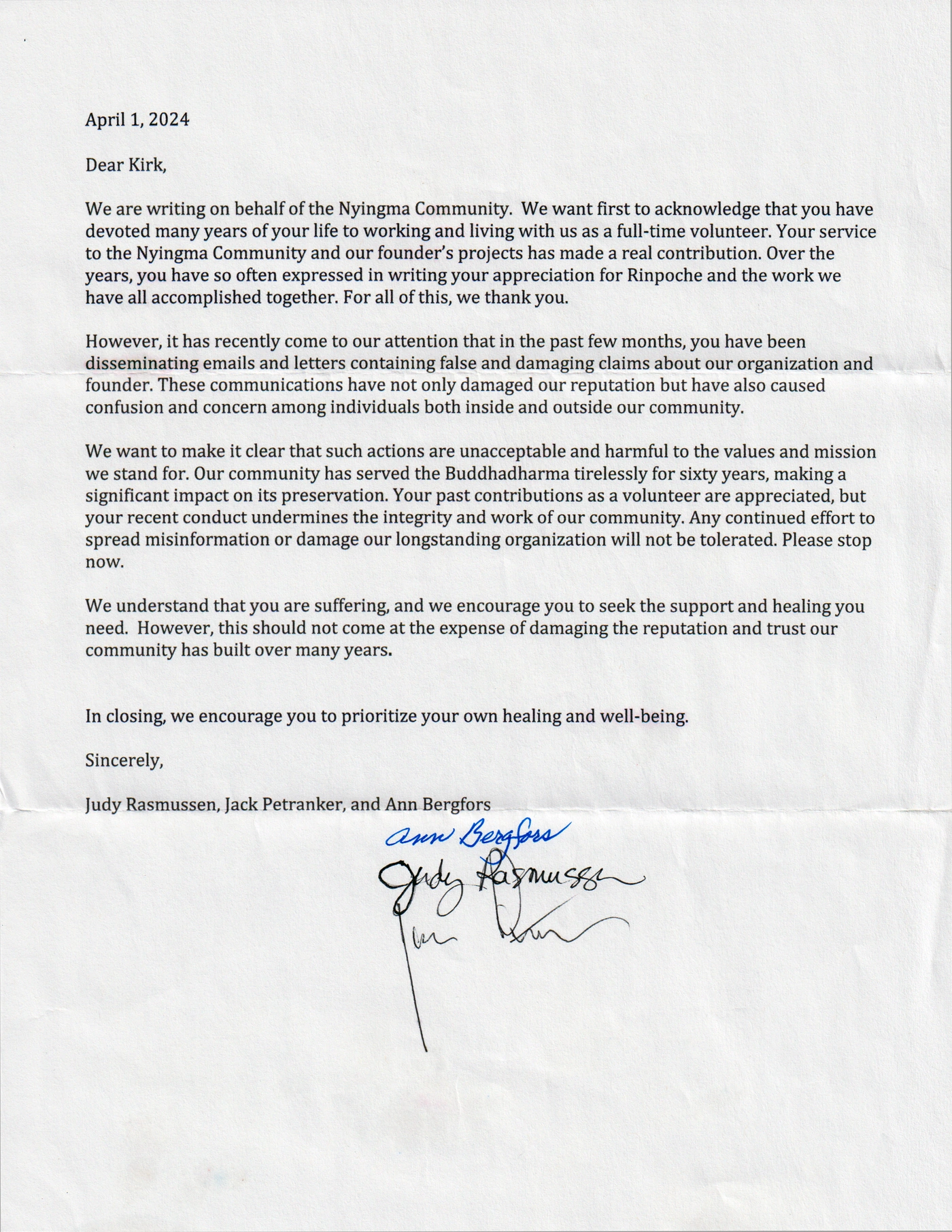 Complete upright April 1, 2024 letter from the Nyingma Community to Kirk Grissom, including all signatures