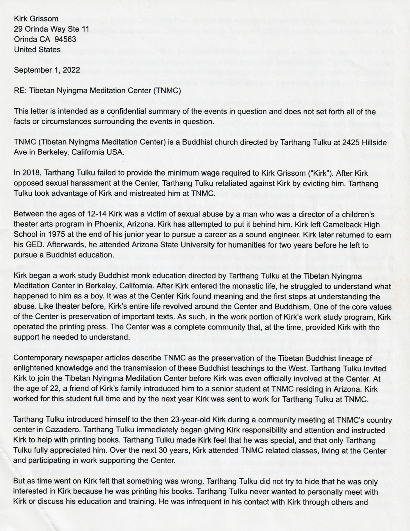 Page 1 of Kirk Grissom's September 1, 2022 complaint statement